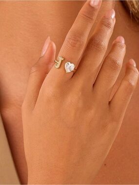 Gold Initial 'J' Heart CZ Open Ring - Gold